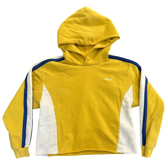 Levi's Tops - Levis Womens Cropped Hoodie Yellow Blue White Striped Sleeve Pullover Size M